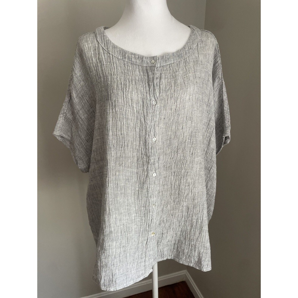 Tahari‎ Women M/L 100% Linen Dolman Top Button Up Shirt Oversize Laganlook Gray